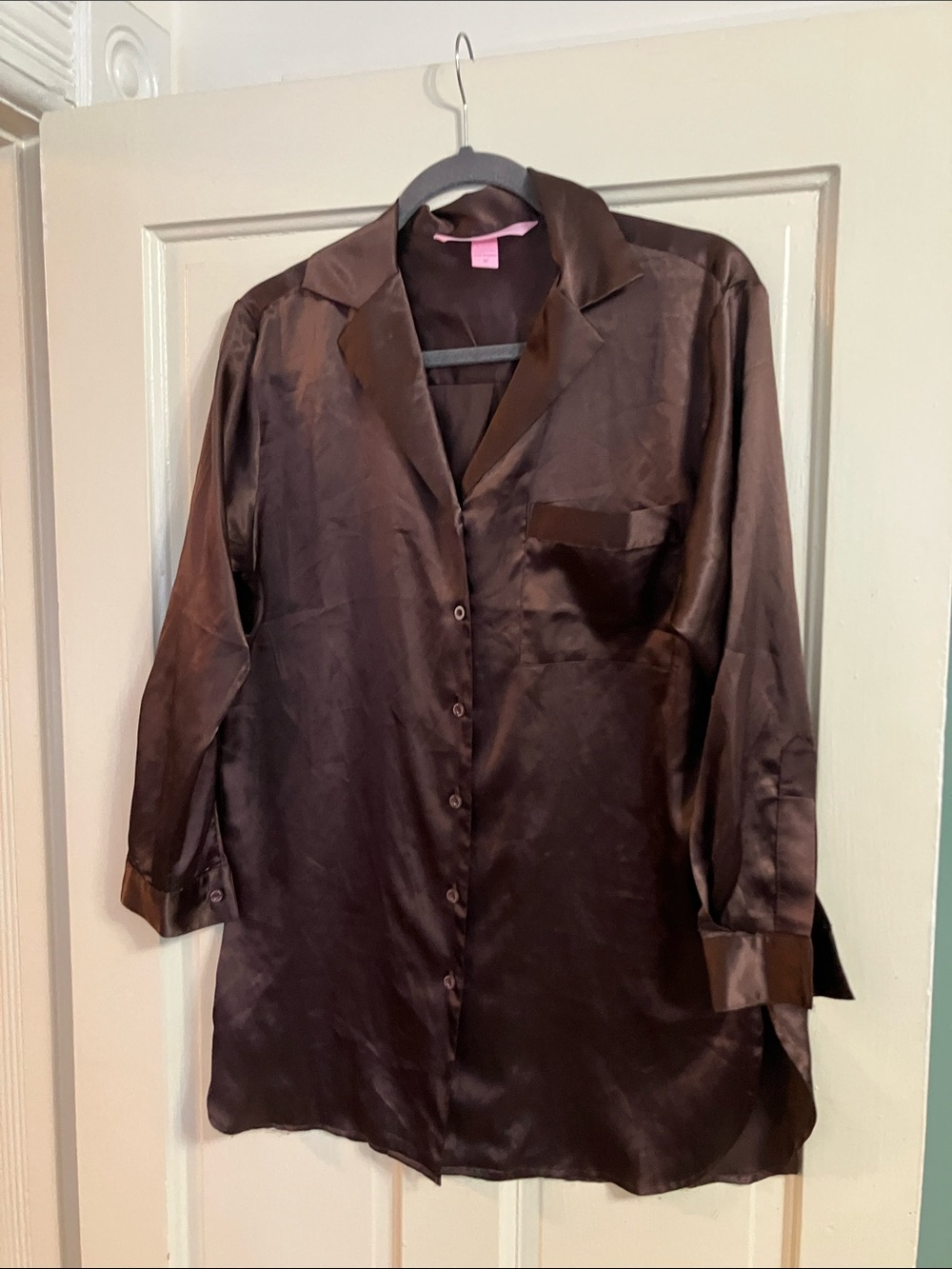 Victoria’s Secret satin pajama top long nightshirt nightgown brown xs